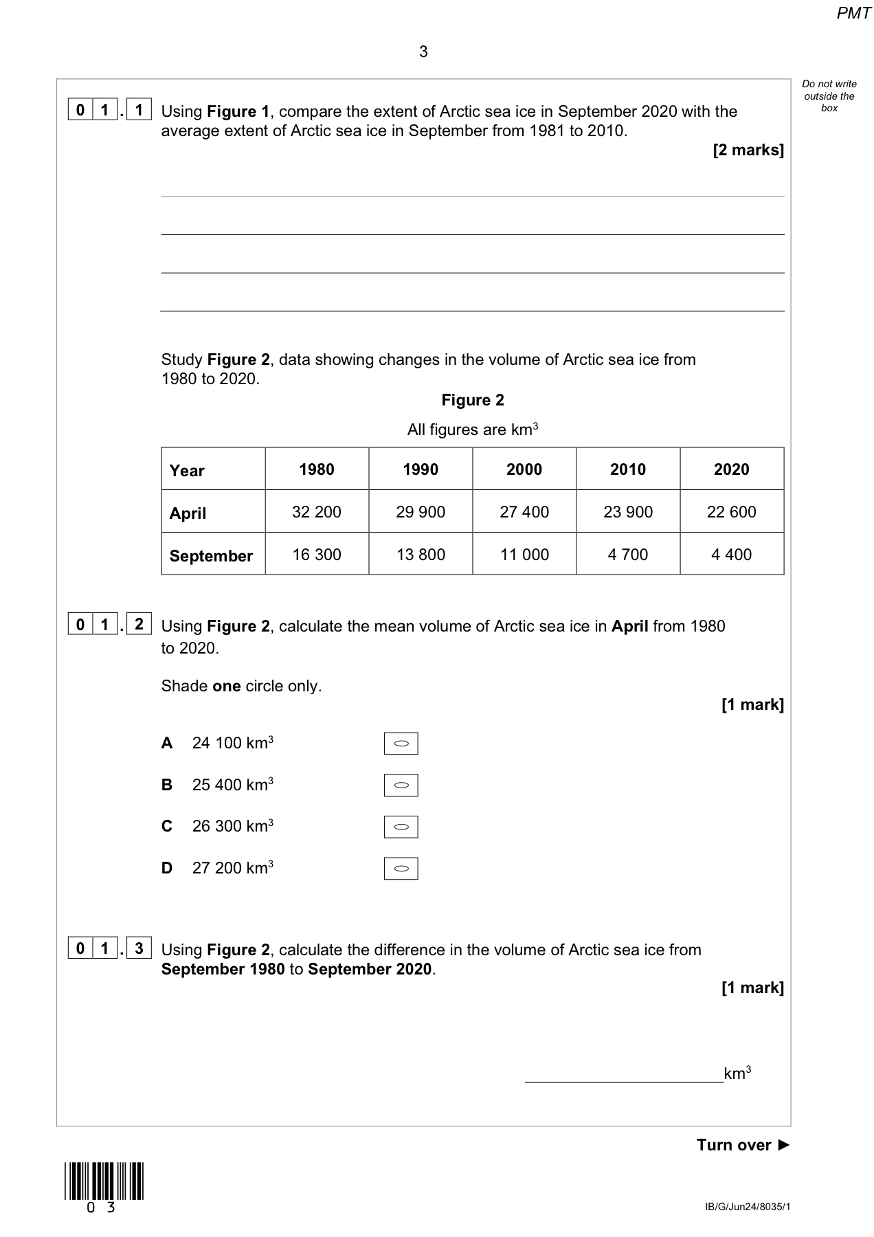 A GCSE Geography question page with Arctic sea ice questions and a data table