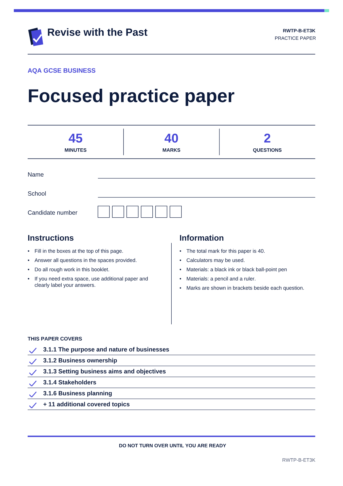 The real generated cover page for a focused AQA GCSE Business practice paper